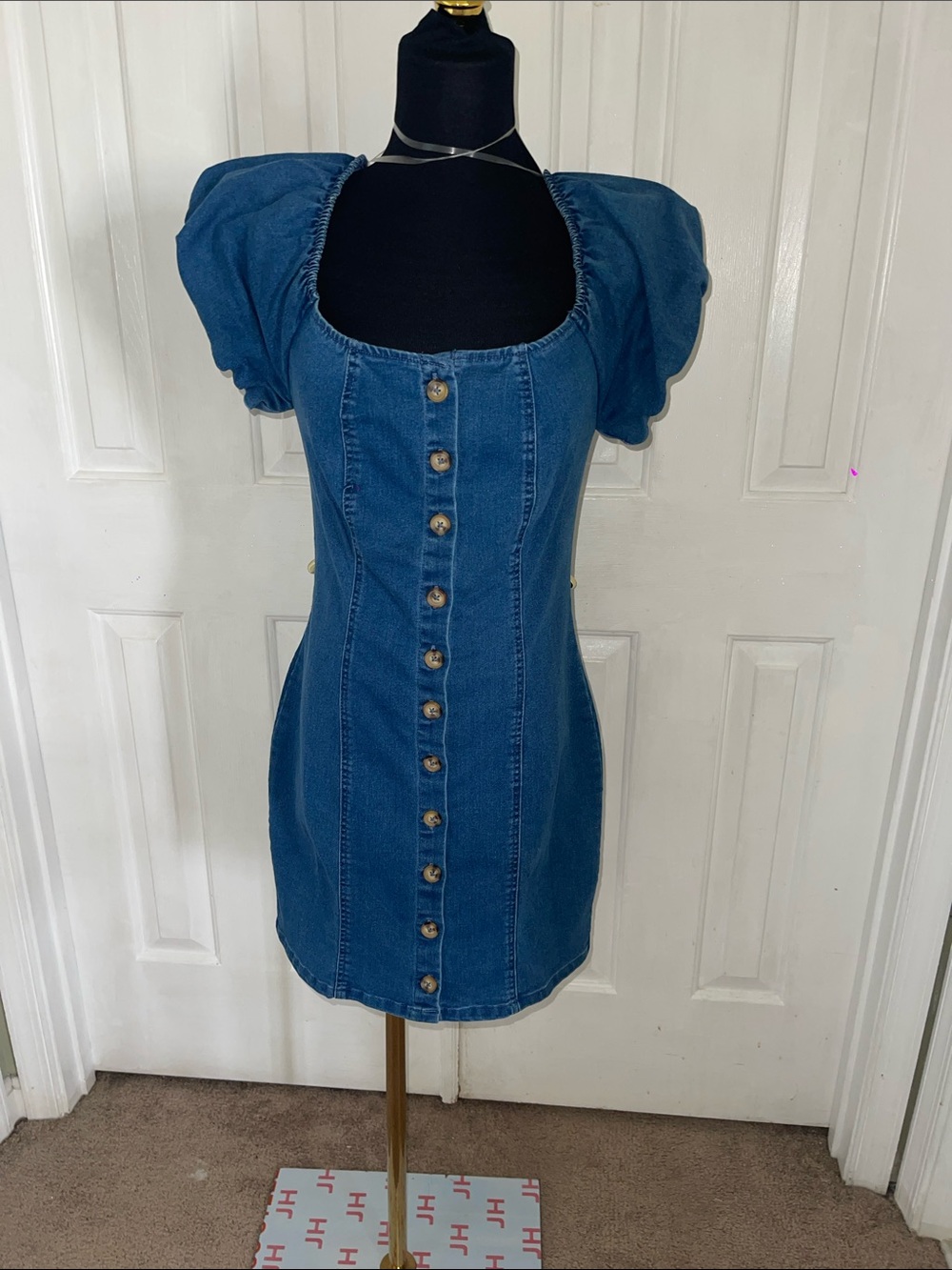 New Look Blue Denim Button-Front Puff Sleeve Mini Dress